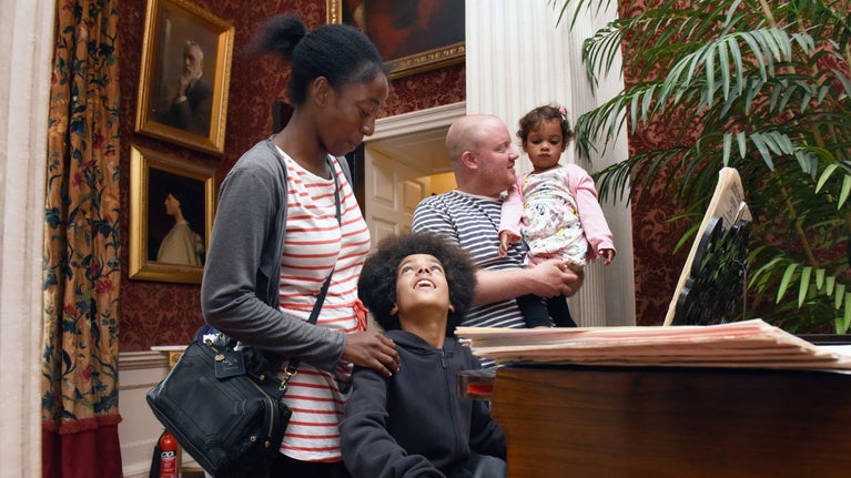 Visitors exploring the house at Stourhead, Wiltshire